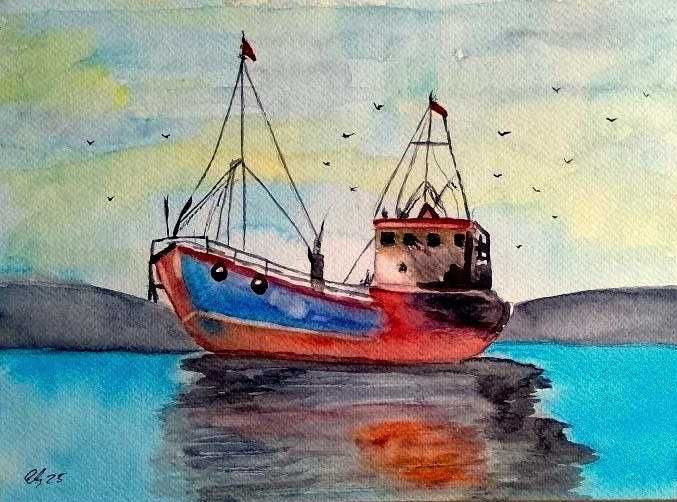Aguarela pintada a mão " O cargueiro"