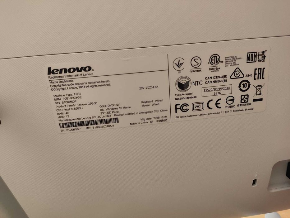 Lenovo C50-30 (F0B100QYGE) komputer stacjonarny all-in-one PC 23"