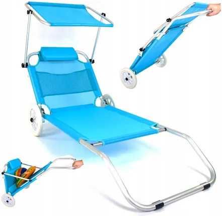 Składany Leżak Plażowy Ogrodowy Duże Kółka Daszek Zagłówek Wózek