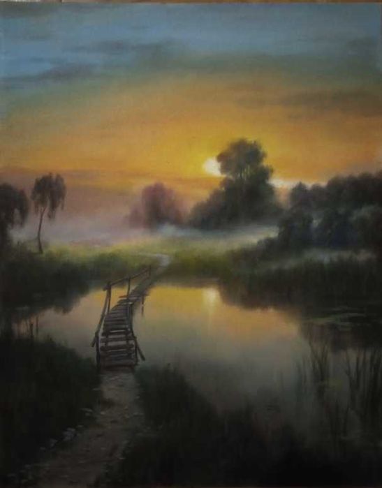 Obraz olejny Zachód słońca, mgła