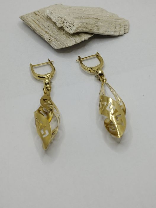 Złote kolczyki wiszące skręcone grecki motyw, złoto 585