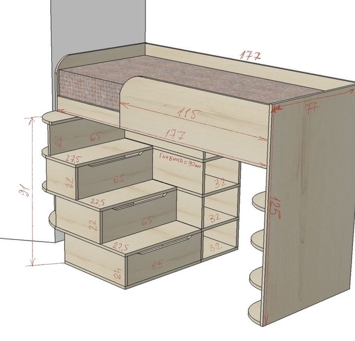 Дитяче ліжко з вбудованими шухлядами й поличками