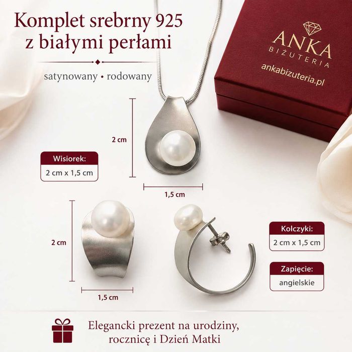 Piękny oryginalny komplet biżuterii srebrnej z perełkami