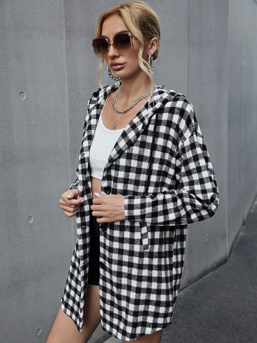 Bluza Flanelowa W Kratkę Z Kapturem Casual Shein S