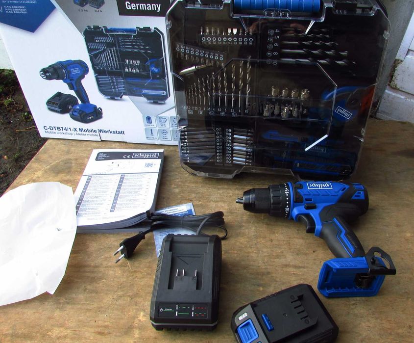 Шуруповерт акумуляторний з кейсом та інструментами Scheppach(Німеччина