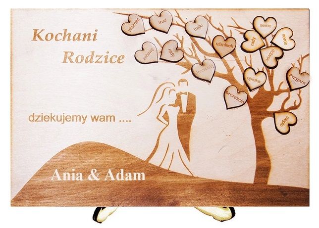 podziękowania ŚLUBNE DREWNIANE SERCA z WŁASNYM grawerem dla rodziców