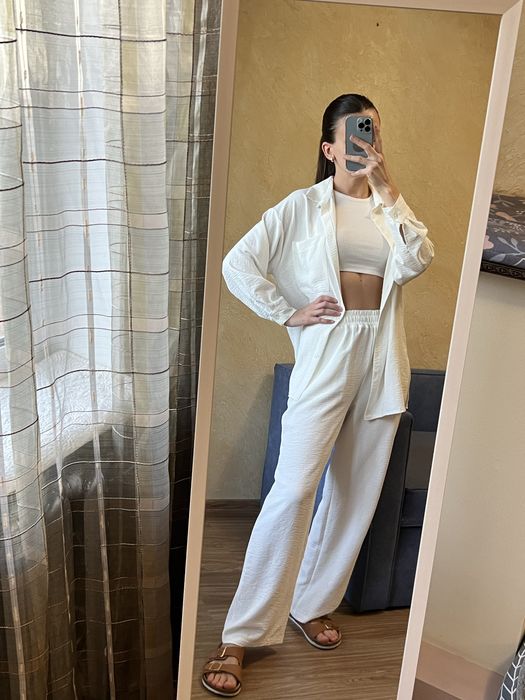 Білий літній костюм жатка штани сорочка пояс костюм двійка легкий