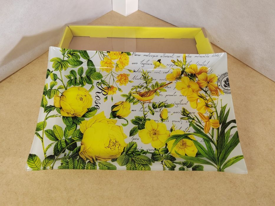 Скляне блюдо для сервірування "Жовті Троянди" в стилі Прованс