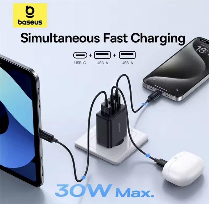 Baseus Compact Quick Charger 2U+C - Ładowarka sieciowa 30W czarna + kabel
