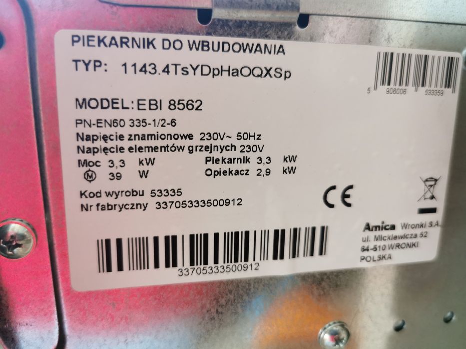 Części do piekarnika Amica 60x60