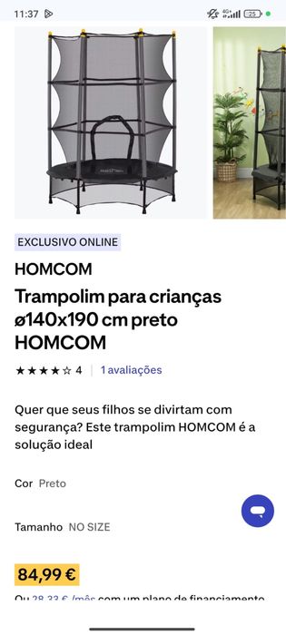 Trampolim Crianca  140x190cm preto