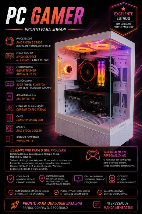 PC Gaming RTX 4060 Ti 8GB | Ryzen 5 5600G | 32GB RAM | SSD 1TB