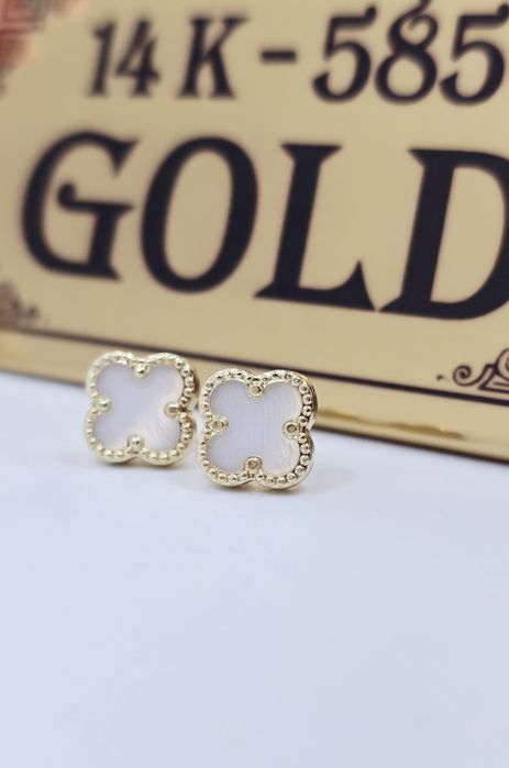Złote kolczyki wtykane białe koniczynki próba 585 14k