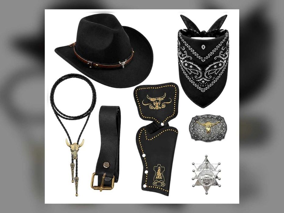 Nowy Strój Kowboja Zestaw Szeryfa 7w1 Kapelusz Kabura Odznaka