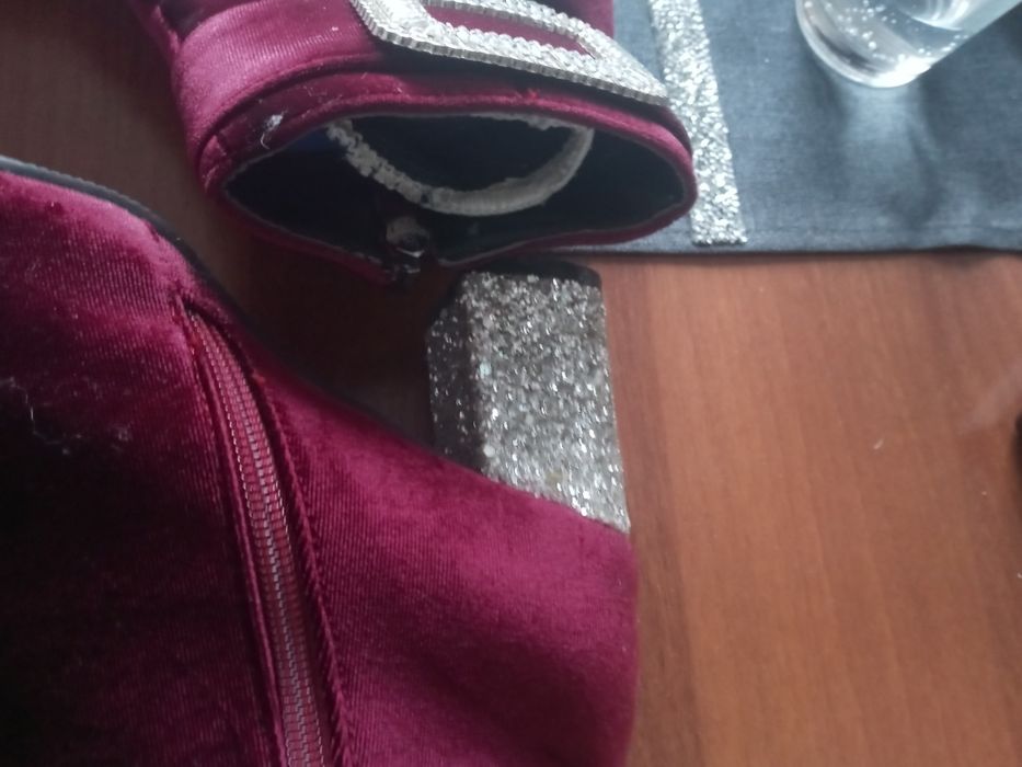Botki bordo35 za kostke aksamit srebrne obcasy