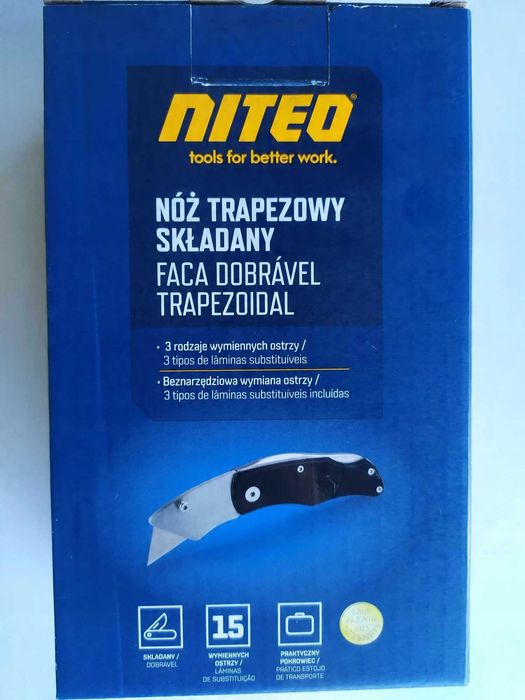 Nóż Trapezowy Składany + 15 wymiennych ostrzy Niteo