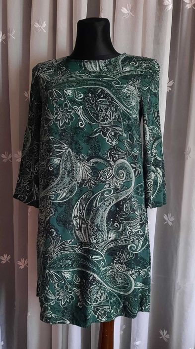100% Wiskoza Indiska butelkowa zieleń paisley sukienka wzory print XS