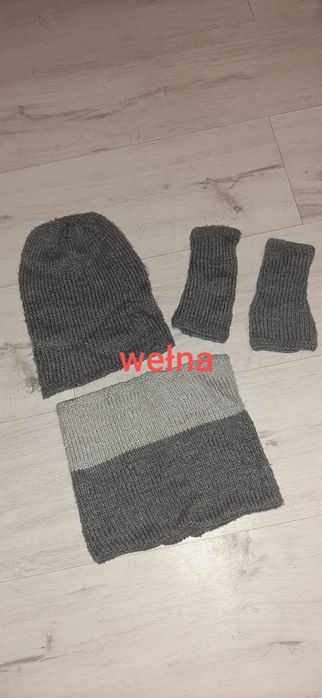 Zestaw wełna czapka komin rękawiczki rękawki modne ciepłe r.98-110,3-5