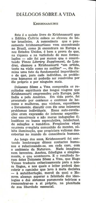 "Diálogos Sôbre a Vida" de Krishnamurti