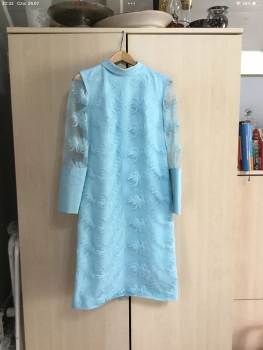 Elegancka sukienka midi baby blue S/M prosty krój babyshower Chrzciny
