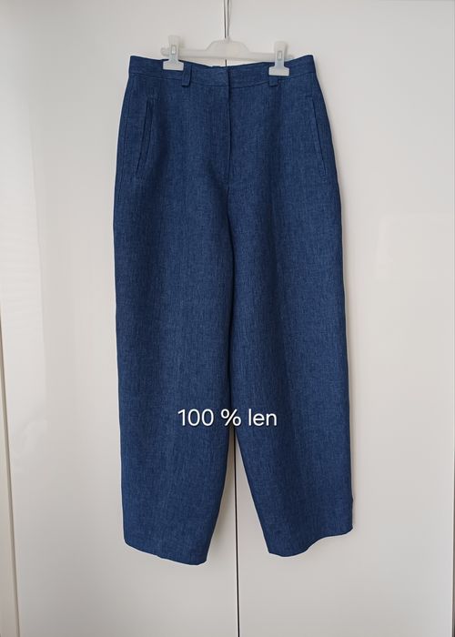 Massimo Dutti lniane spodnie szerokie barrel granatowe niebieskie letnie 100% len