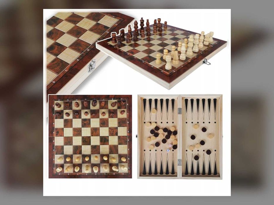 Nowe Szachy Drewniane 3w1 Warcaby Tryktrak Duża Plansza 34x34 Cm