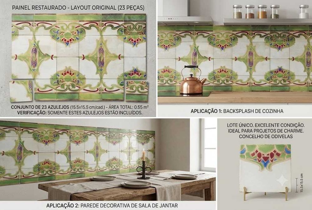 Azulejos Antigos de Lisboa (cor verde oliva) – 3 Painéis