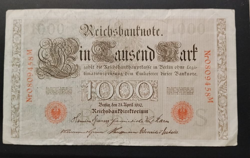 Banknot 1000 Marek Niemcy 1910 obiegowy, Berlin, wielki banknot