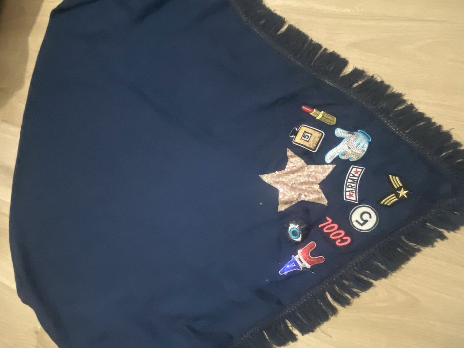 Granatowa aplikacje chusta narzutka poncho duża frędzle szal