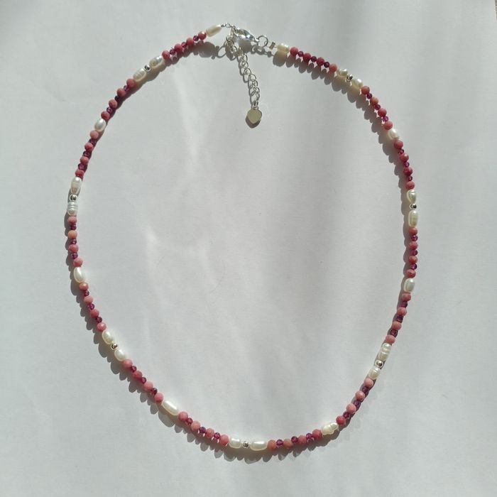 Колье бусы  родонит амазонит розовый кварц жемчуг