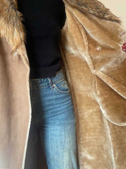 Тепла бежева дублянка штучна, вінтажне пальто, хутро, y2k,