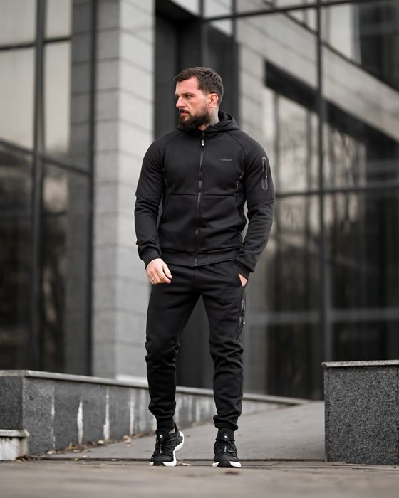 Зимовий чоловічий спортивний костюм чорний кофта штани на флісі