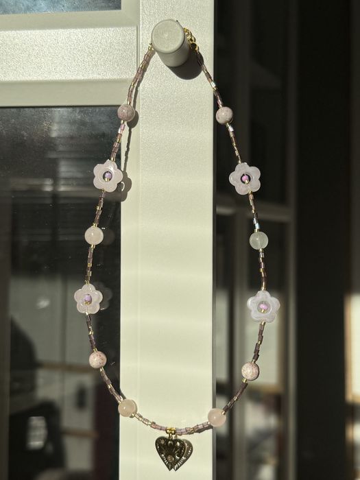 Naszyjnik z sercem na Walentynki złoty liliowy pudrowy róż handmade