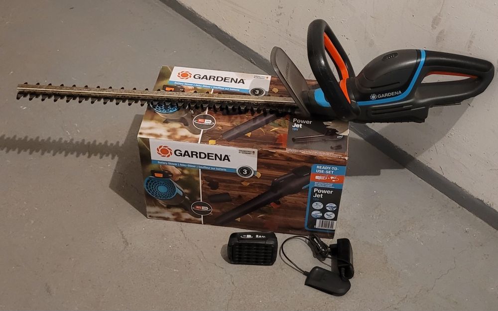 Nożyce i dmuchawa 18V Gardena.