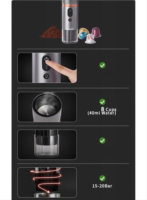 CONQUECO Przenośny ekspres do kawy Ładowanie przez USB