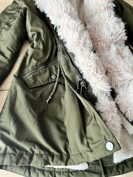 Płaszczyk kurtka zimowa z kapturem damska parka khaki Butik XL L 40 42