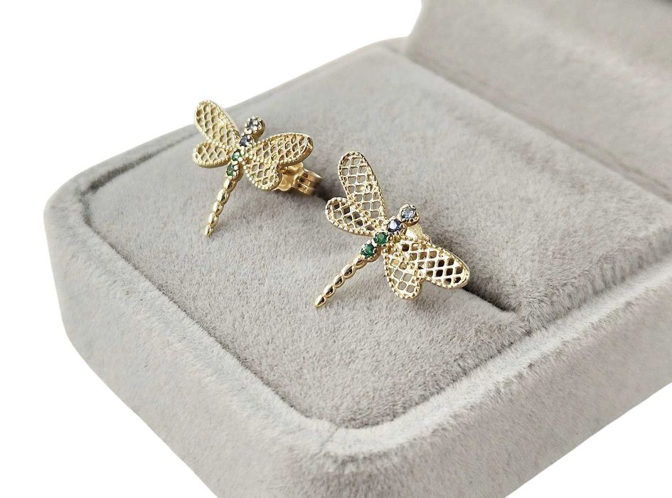 Śliczne kolczyki ważki z cyrkoniami 1,55g 585