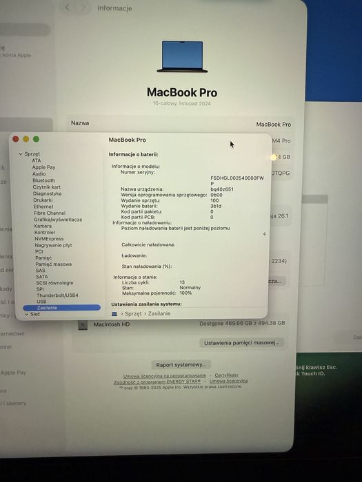Macbook pro A3403 M4 pro 16” 24gb 512 sad stan idealny 13 cykli