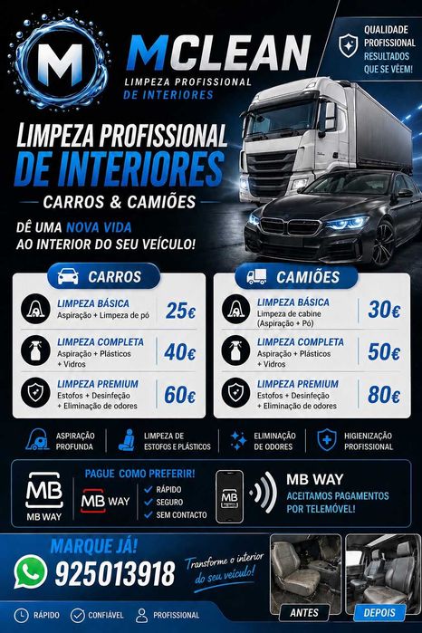 Serviço de limpeza de interiores de automóveis e camiões