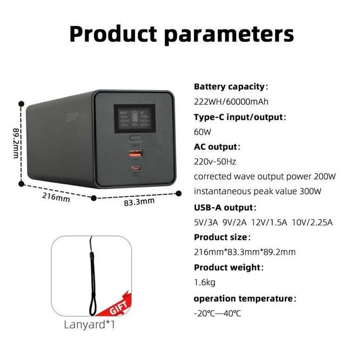Зарядна станція для ноутбуків ETU200F 60000 mAh 60W PD, розетка 220В 200Вт