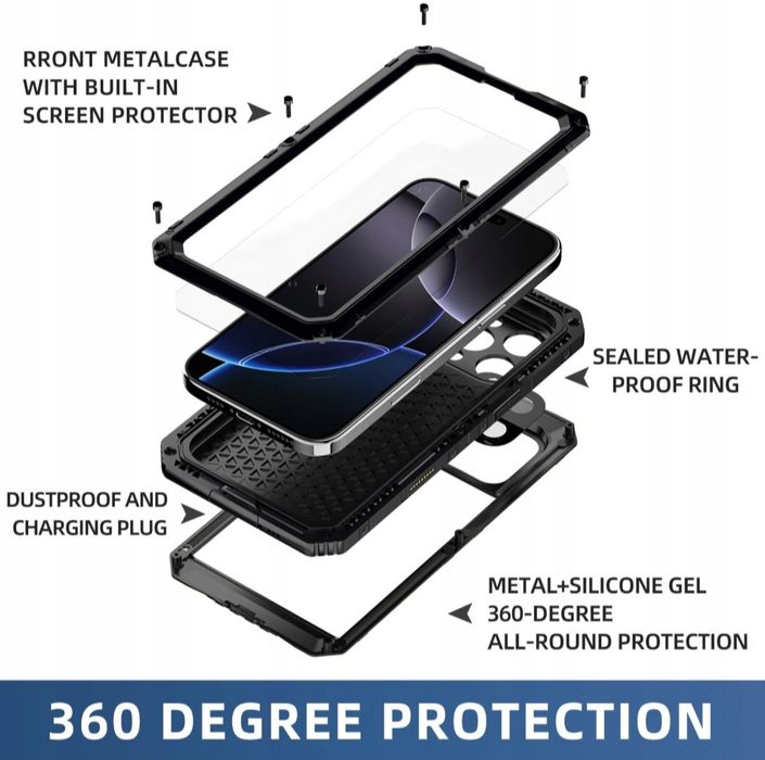 Etui Pancerne iPhone 16 Pro Max Metal Silikon Hybrid 4w1 Wodoodporne
