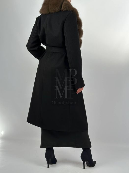 Женское чёрное пальто с натуральным мехом песца, 115 см, 42-54 размеры