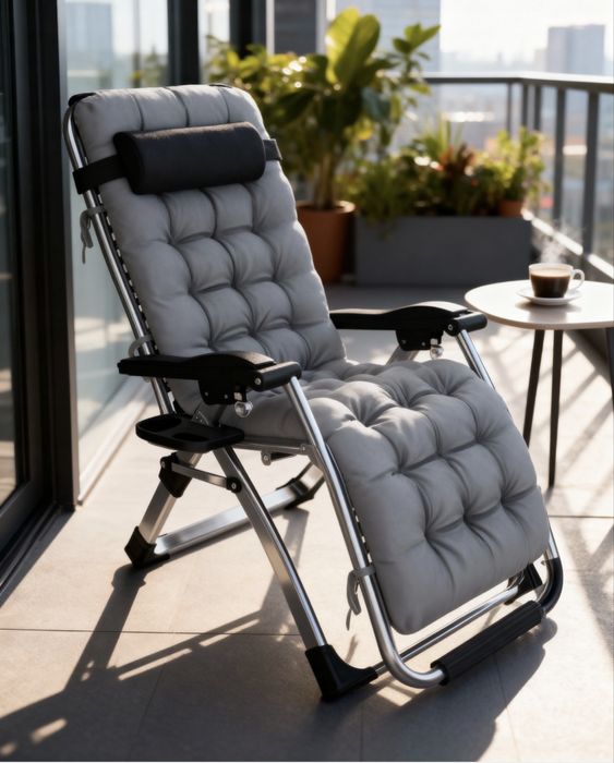 Leżak ogrodowy rozkładany poduszka szary / czarny mocny stelaż