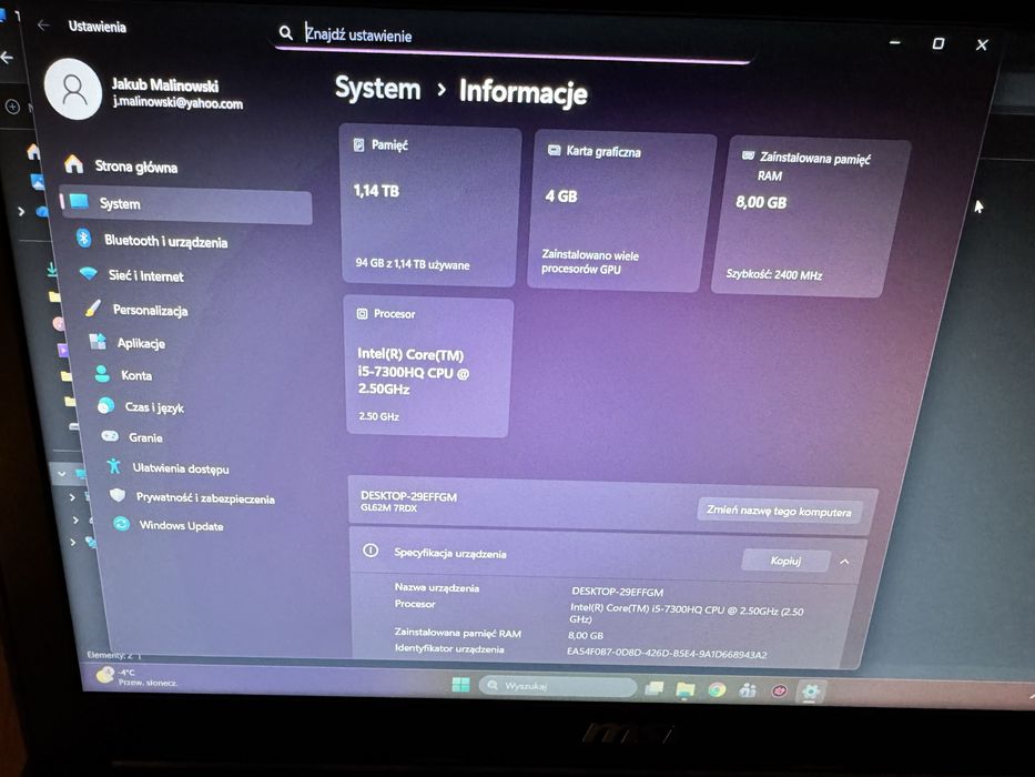 Laptop MSI GL62M 7RDX Gaming/Windows11/SSD/GTX1050-4GB/i5-7th