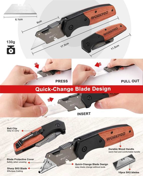 Многоцелевой монтажный складной нож Airaj, Tovia, WorkPro, лезвия