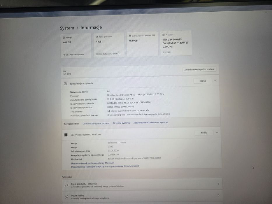 Computer gamingowy i5 11400f/ 16gb ram ddr4/ gtx 1050ti 4 gb