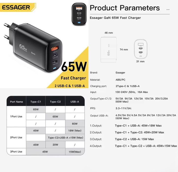 Essager 65w GaN PD Быстрая зарядка Power Delivery Quick Charge Toocki