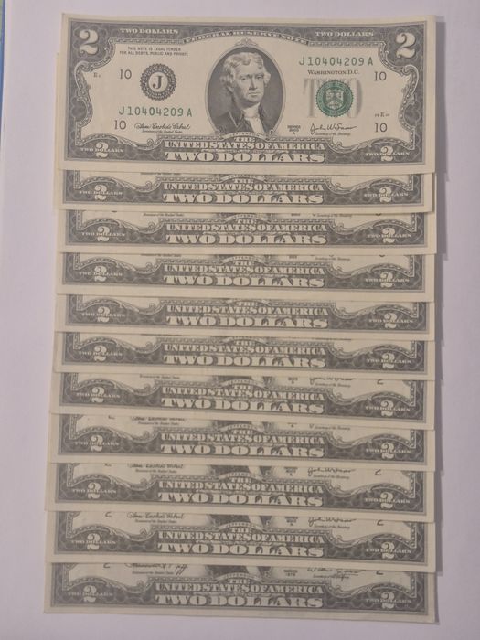 2 dolary USA 11 sztuk lata od 1976 do 2003. Nowe banknoty.