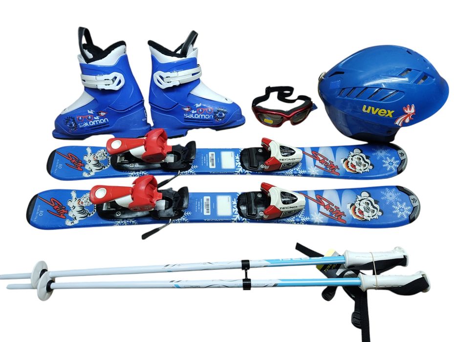 Komplet Junior Narty 80 cm TecnoPro Buty r 27 Kijki Kask Gogle
