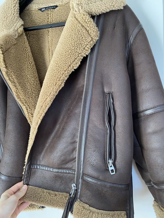 Zara brązowy kożuszek pilotka kurtka skórzana oversize z futerkiem